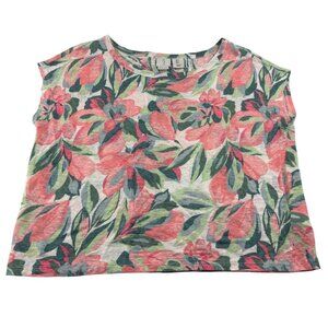Joie Women's Floral Linen Top Small Pullover short sleeve tropical green pink
